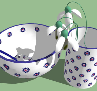 现代彩釉碗勺和杯子SU模型下载_sketchup草图大师SKP模型