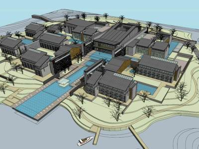 新中式高级酒店建筑SU模型下载_sketchup草图大师SKP模型