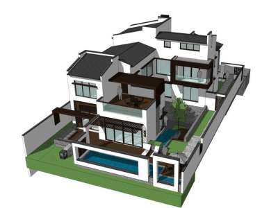 现代中式别墅小区建筑SU模型下载_sketchup草图大师SKP模型