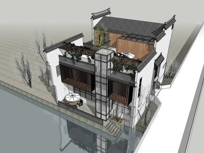 徽派亲水茶楼建筑小区SU模型下载_sketchup草图大师SKP模型