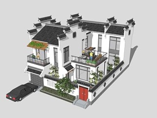 中式独栋别墅小区建筑SU模型下载_sketchup草图大师SKP模型