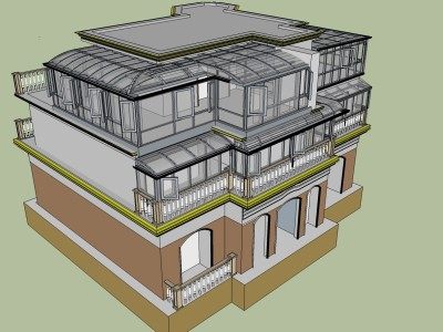 欧式修边护栏复古砖小区别墅SU模型下载_sketchup草图大师SKP模型