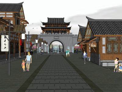 中式步行街民宿建筑SU模型下载_sketchup草图大师SKP模型