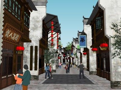 商业街徽派现代景观建筑SU模型下载_sketchup草图大师SKP模型