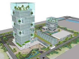 现代生态办公楼建筑SU模型下载_sketchup草图大师SKP模型