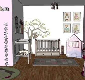 托儿所粉色儿童房SU模型下载_sketchup草图大师SKP模型