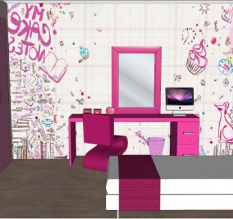 粉红色卧室儿童房SU模型下载_sketchup草图大师SKP模型