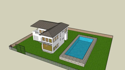 新中式庭院泳池别墅SU模型下载_sketchup草图大师SKP模型