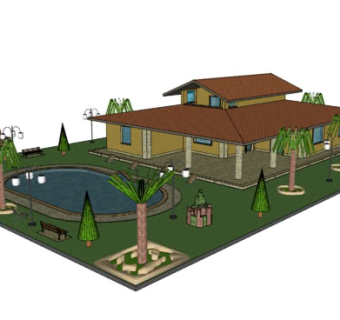 现代别墅花园泳池SU模型下载_sketchup草图大师SKP模型