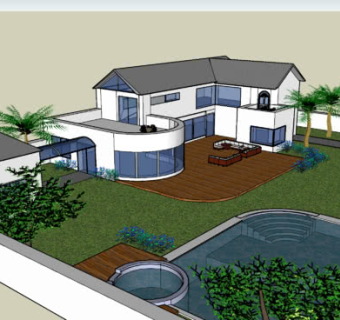 现代别墅庭院泳池走廊SU模型下载_sketchup草图大师SKP模型