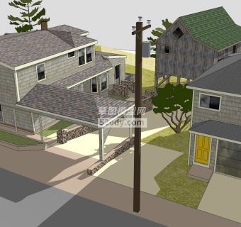 三栋海滨别墅SU模型下载_sketchup草图大师SKP模型