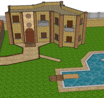 复古别墅泳池车库庭院SU模型下载_sketchup草图大师SKP模型