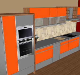 现代厨房橘色橱柜SU模型下载_sketchup草图大师SKP模型