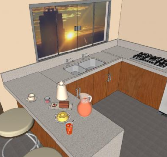 现代U型厨房橱柜SU模型下载_sketchup草图大师SKP模型