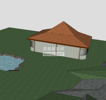 现代日式房屋庭院池塘SU模型下载_sketchup草图大师SKP模型