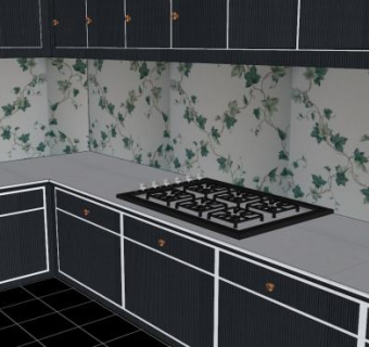 现代黑色橱柜L型厨房SU模型下载_sketchup草图大师SKP模型