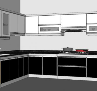 现代L型黑白橱柜SU模型下载_sketchup草图大师SKP模型