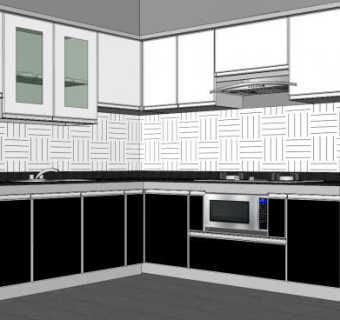 现代黑白转角橱柜SU模型下载_sketchup草图大师SKP模型