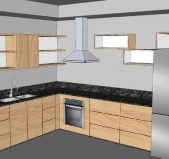 现代木质橱柜L型厨房SU模型下载_sketchup草图大师SKP模型