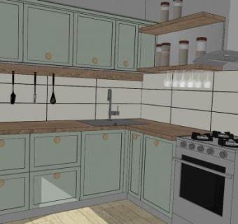 现代L形厨房橱柜SU模型下载_sketchup草图大师SKP模型