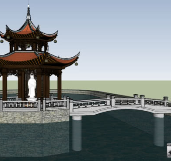 中式传统拱桥凉亭SU模型下载_sketchup草图大师SKP模型