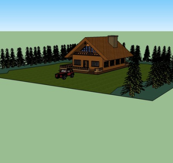 郊区河流围着的烟囱木屋SU模型下载_sketchup草图大师SKP模型