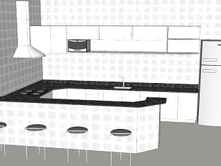 现代U型白色厨房SU模型下载_sketchup草图大师SKP模型