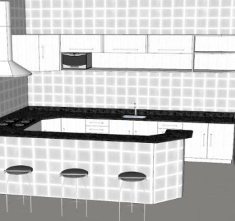 现代U型白色厨房SU模型下载_sketchup草图大师SKP模型