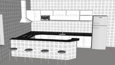现代U型白色厨房SU模型下载_sketchup草图大师SKP模型