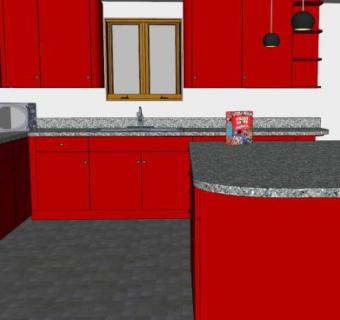 樱桃红岛型厨房SU模型下载_sketchup草图大师SKP模型