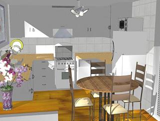 现代L型厨房生活餐厅SU模型下载_sketchup草图大师SKP模型