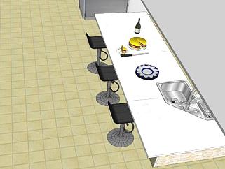 现代化L型厨房餐厅SU模型下载_sketchup草图大师SKP模型