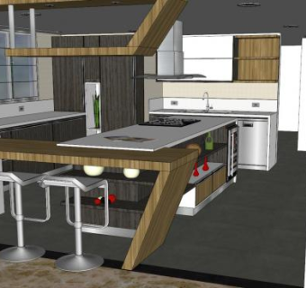 现代厨房餐厅一体化SU模型下载_sketchup草图大师SKP模型