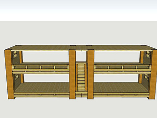 并联双层木制4人床SU模型下载_sketchup草图大师SKP模型