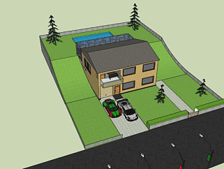 公路旁的独栋住宅泳池SU模型下载_sketchup草图大师SKP模型