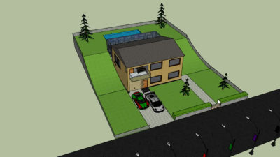 公路旁的独栋住宅泳池SU模型下载_sketchup草图大师SKP模型