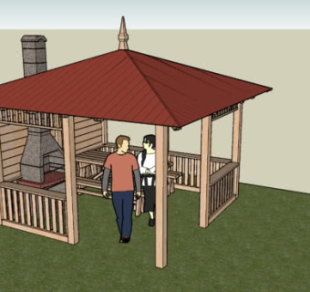 木凉亭壁炉座椅SU模型下载_sketchup草图大师SKP模型