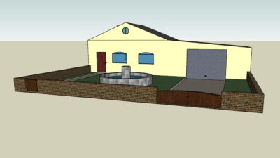 一体式房屋车库庭院喷泉SU模型下载_sketchup草图大师SKP模型
