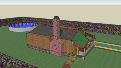 壁炉屋舍泳池庭院走道SU模型下载_sketchup草图大师SKP模型