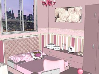粉色女孩卧室房间SU模型下载_sketchup草图大师SKP模型