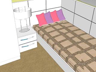 单人床卧室房间SU模型下载_sketchup草图大师SKP模型