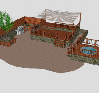 古韵木制凉亭庭院设备SU模型下载_sketchup草图大师SKP模型