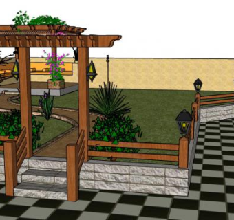 庭院木凉棚走道设计SU模型下载_sketchup草图大师SKP模型