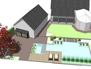住宅庭院花园和游泳池SU模型下载_sketchup草图大师SKP模型