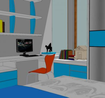 蓝色主题女孩卧室SU模型下载_sketchup草图大师SKP模型