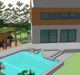 住宅后院观景植物池塘花园SU模型下载_sketchup草图大师SKP模型