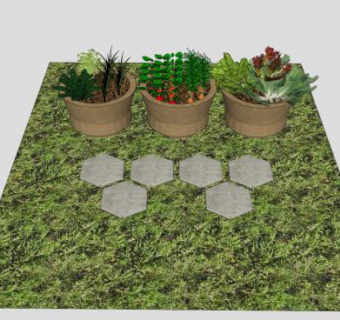 六角石走道和草坪盆栽SU模型下载_sketchup草图大师SKP模型