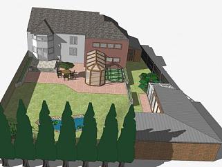 后花园池塘观景设计SU模型下载_sketchup草图大师SKP模型