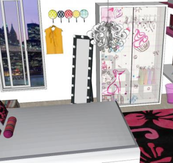 女孩粉红色卧室房间SU模型下载_sketchup草图大师SKP模型