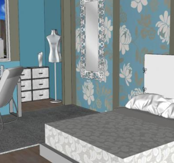 梦幻淡蓝色卧室SU模型下载_sketchup草图大师SKP模型